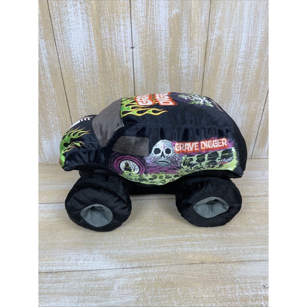 Grave Digger Monster Jam Plush Truck 10 Inch Black Green Flames
